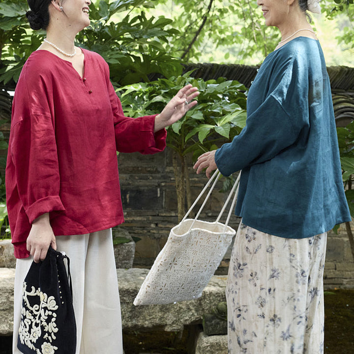高齢者向けBuddha Stones無地リネン 長袖レディースシャツ - image 36