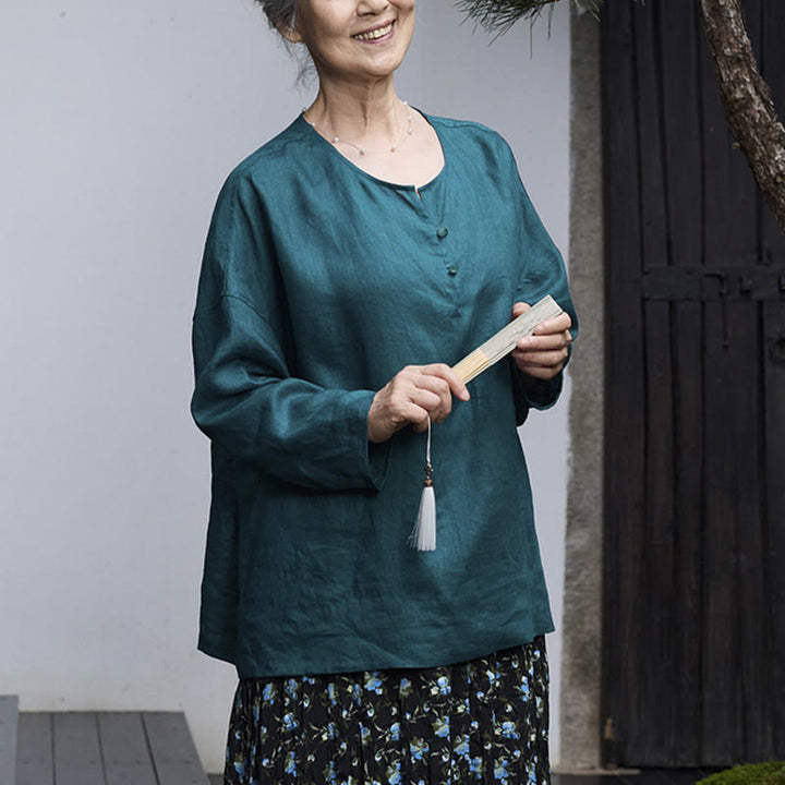 高齢者向けBuddha Stones無地リネン 長袖レディースシャツ - image 10