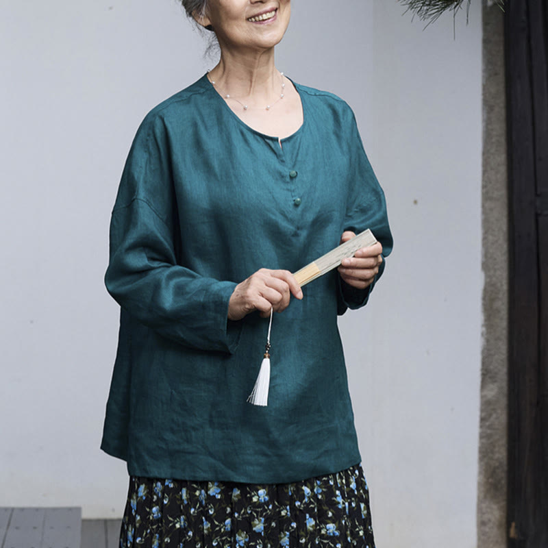 高齢者向けBuddha Stones無地リネン 長袖レディースシャツ - image 7