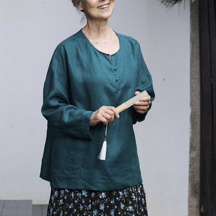 高齢者向けBuddha Stones無地リネン 長袖レディースシャツ - image 7