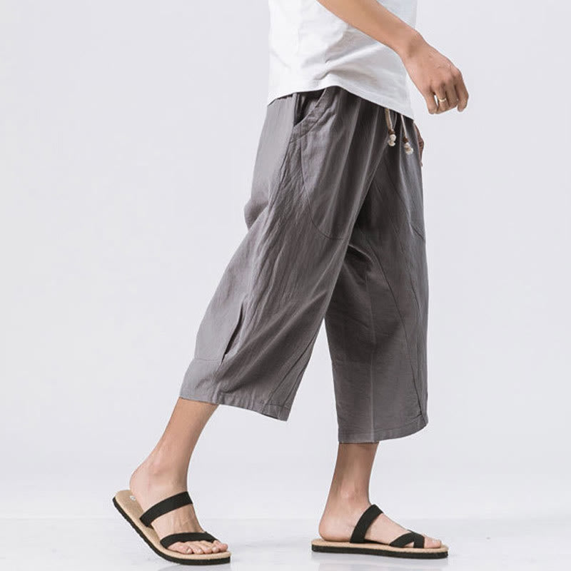 Buddha Stones夏 カジュアル シンプル 無地 デザイン 7-8丈 メンズ ドローストリング パンツ ポケット付き - image 1