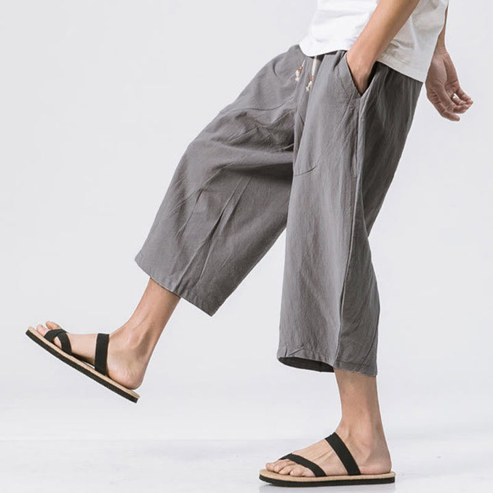 Buddha Stones夏 カジュアル シンプル 無地 デザイン 7-8丈 メンズ ドローストリング パンツ ポケット付き - image 2