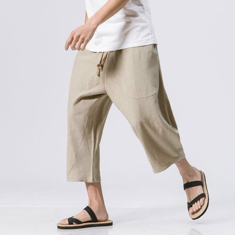 Buddha Stones夏 カジュアル シンプル 無地 デザイン 7-8丈 メンズ ドローストリング パンツ ポケット付き - image 14