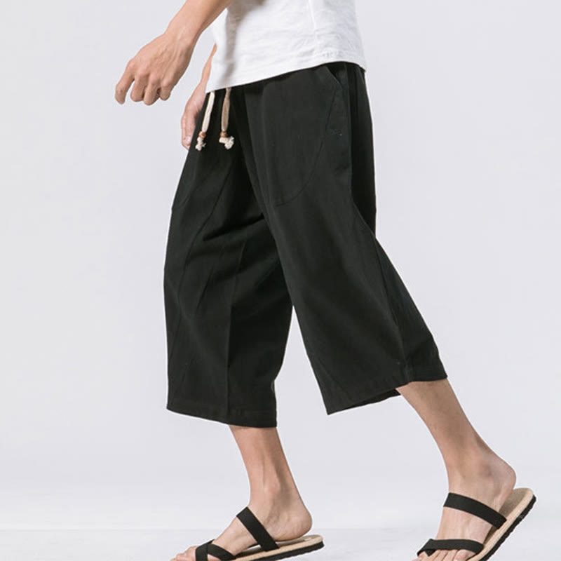Buddha Stones夏 カジュアル シンプル 無地 デザイン 7-8丈 メンズ ドローストリング パンツ ポケット付き - image 11