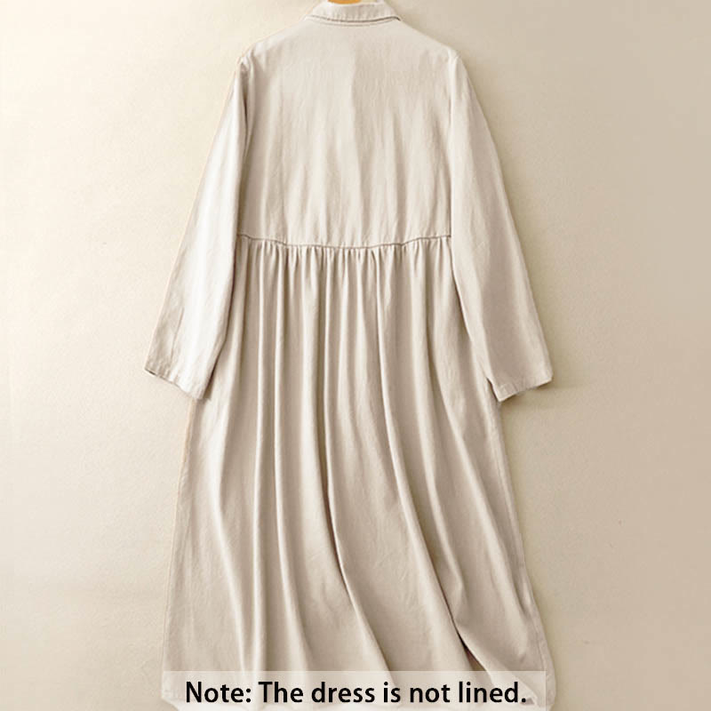 Buddha Stones通勤用長袖ピュアカラーボタンデザインラペルコットンミディドレス - image 1