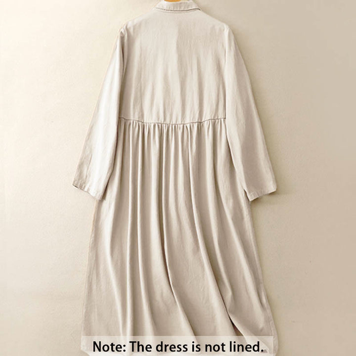 Buddha Stones通勤用長袖ピュアカラーボタンデザインラペルコットンミディドレス - image 1