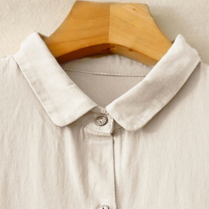 Buddha Stones通勤用長袖ピュアカラーボタンデザインラペルコットンミディドレス - image 4