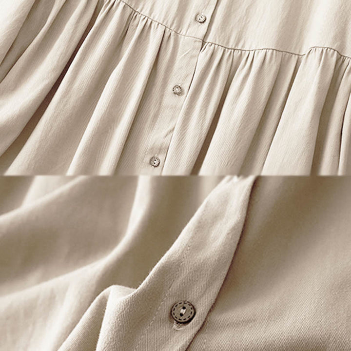 Buddha Stones通勤用長袖ピュアカラーボタンデザインラペルコットンミディドレス - image 3