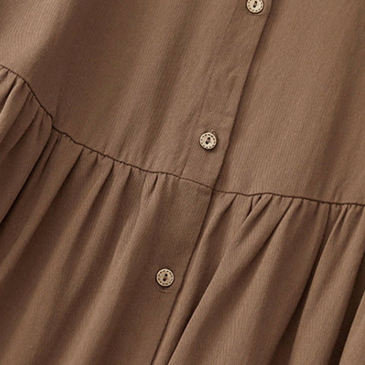 Buddha Stones通勤用長袖ピュアカラーボタンデザインラペルコットンミディドレス - image 11