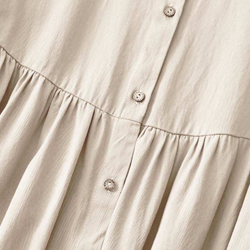 Buddha Stones通勤用長袖ピュアカラーボタンデザインラペルコットンミディドレス - image 2