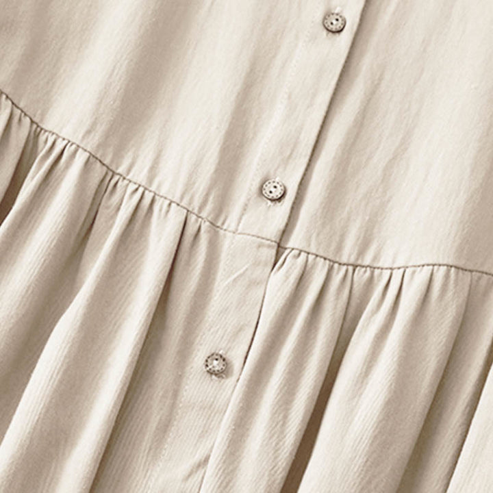 Buddha Stones通勤用長袖ピュアカラーボタンデザインラペルコットンミディドレス - image 2