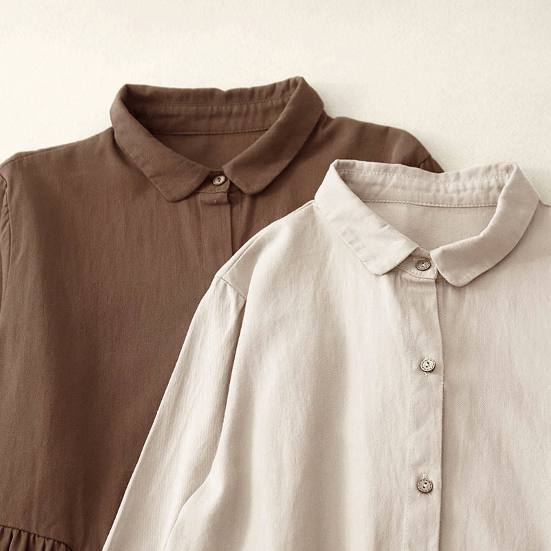 Buddha Stones通勤用長袖ピュアカラーボタンデザインラペルコットンミディドレス - image 14