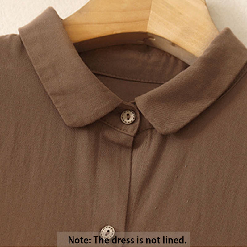 Buddha Stones通勤用長袖ピュアカラーボタンデザインラペルコットンミディドレス - image 10