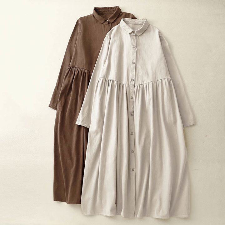 Buddha Stones通勤用長袖ピュアカラーボタンデザインラペルコットンミディドレス - image 8