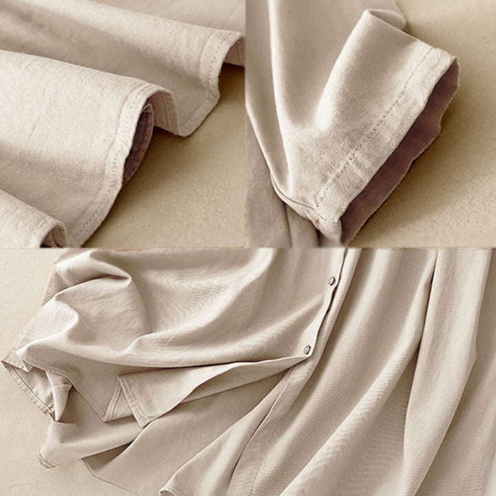 Buddha Stones通勤用長袖ピュアカラーボタンデザインラペルコットンミディドレス - image 6