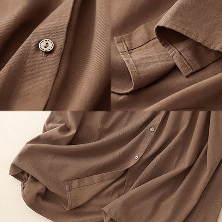 Buddha Stones通勤用長袖ピュアカラーボタンデザインラペルコットンミディドレス - image 12