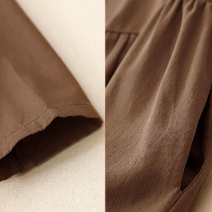 Buddha Stones通勤用長袖ピュアカラーボタンデザインラペルコットンミディドレス - image 13