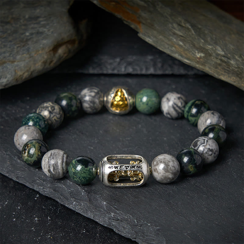 Buddha Stonesナチュラル グレー ジャスパー カンバンバ ジャスパーオーム・マニ・パドメ・フム無形の仏ヒーリング ブレスレット - 20cm - image 0