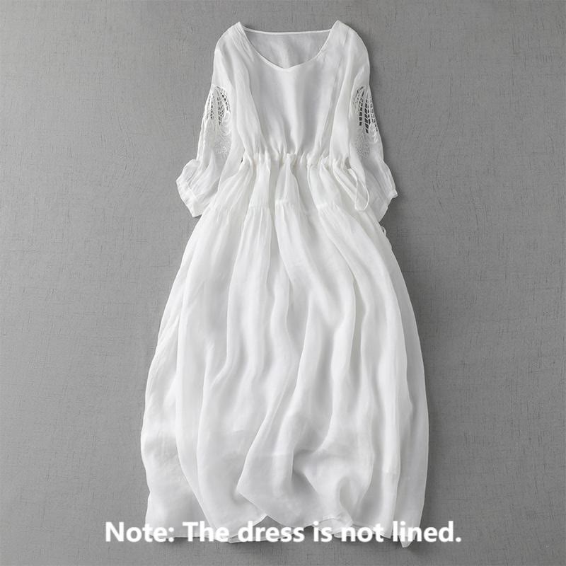 Buddha Stones刺繍パッチワークロングパフスリーブドローストリングミディドレス（ポケット付き） - image 20