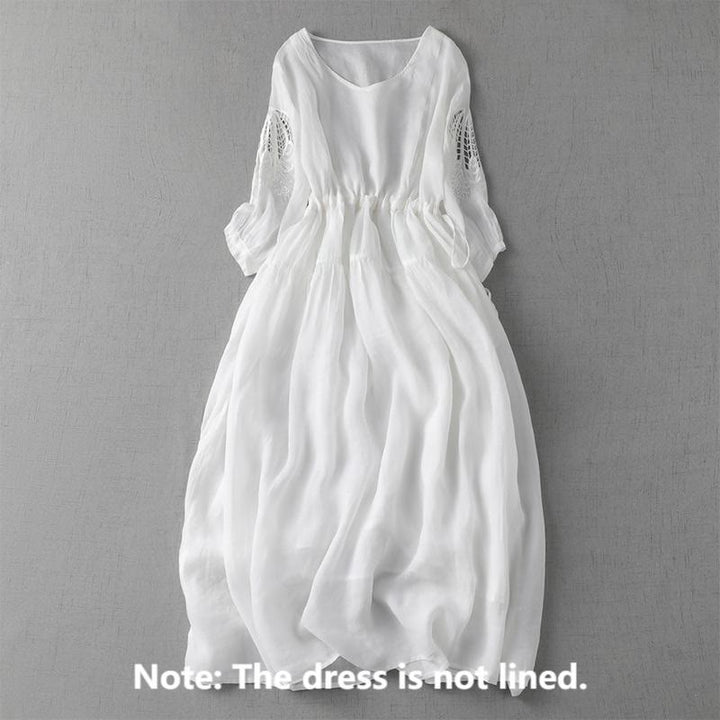 Buddha Stones刺繍パッチワークロングパフスリーブドローストリングミディドレス（ポケット付き） - image 20