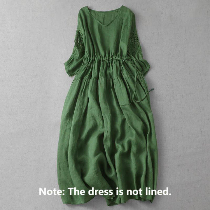 Buddha Stones刺繍パッチワークロングパフスリーブドローストリングミディドレス（ポケット付き） - image 2