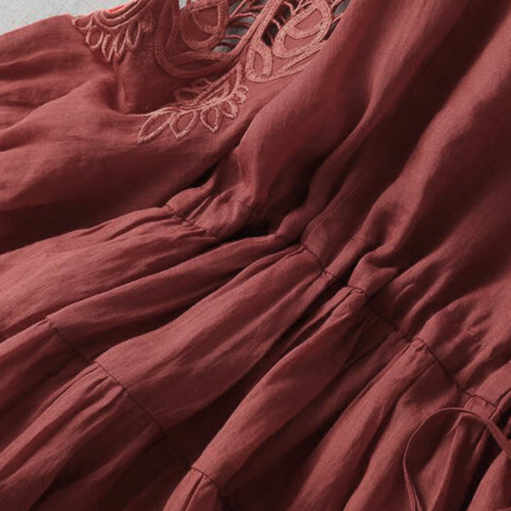 Buddha Stones刺繍パッチワークロングパフスリーブドローストリングミディドレス（ポケット付き） - image 11