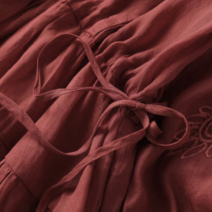 Buddha Stones刺繍パッチワークロングパフスリーブドローストリングミディドレス（ポケット付き） - image 16