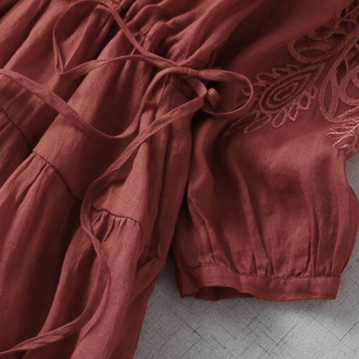 Buddha Stones刺繍パッチワークロングパフスリーブドローストリングミディドレス（ポケット付き） - image 17