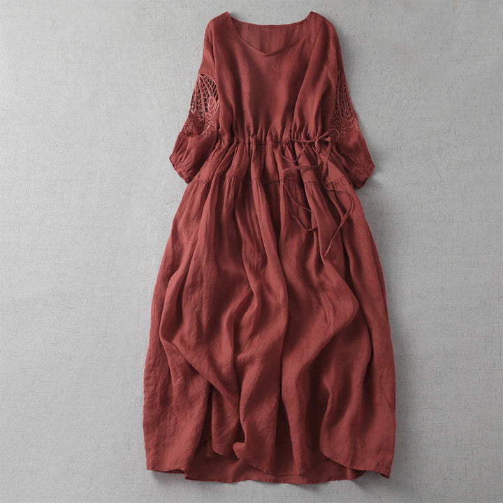 Buddha Stones刺繍パッチワークロングパフスリーブドローストリングミディドレス（ポケット付き） - クリムゾン - US8-10，UK/AU12-14，EU40-42 (2XL) - image 3