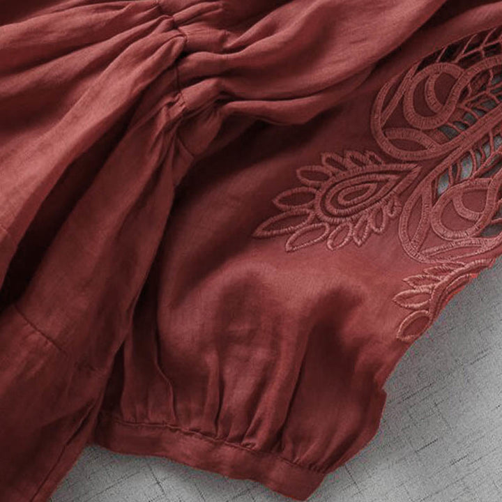 Buddha Stones刺繍パッチワークロングパフスリーブドローストリングミディドレス（ポケット付き） - image 4