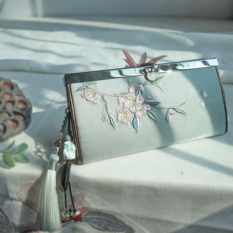 Buddha Stonesの花、梅、桃の花、竹の両面刺繍、大容量のキャッシュホルダーウォレット、ショッピングバッグ - 緑の桃の花 - image 8