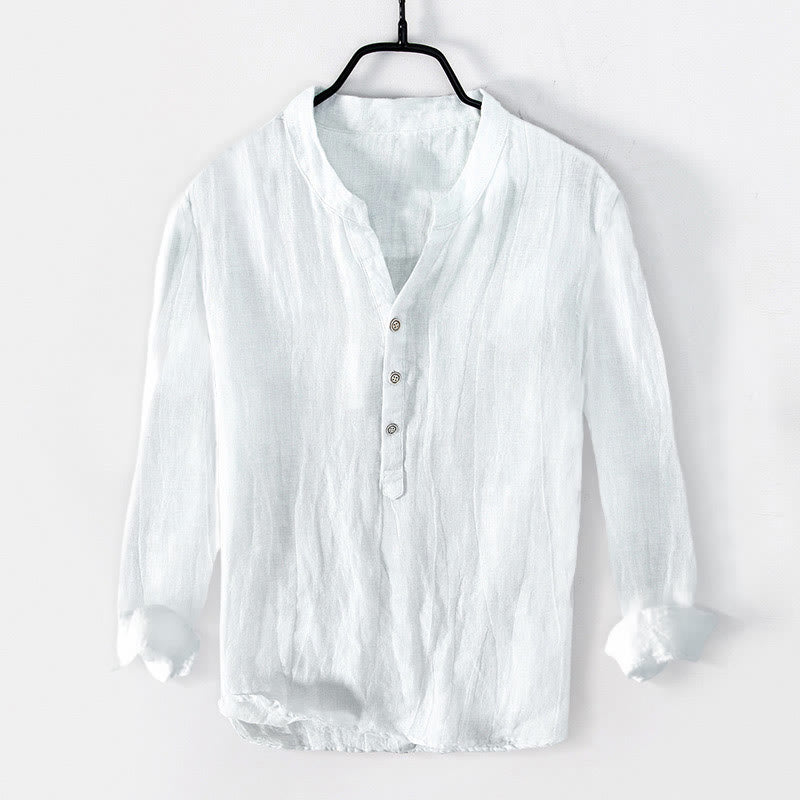 Buddha Stones無地 長袖 ハーフボタンシャツ コットンリネン メンズ 服 - グレー - US/UK/AU50、EU60（5XL） - image 0
