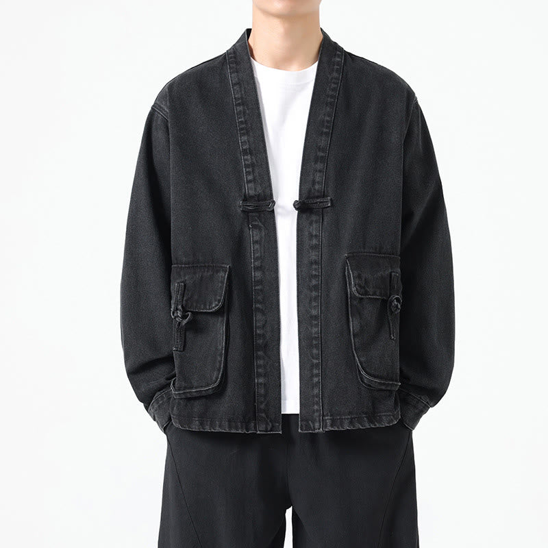 Buddha Stonesデニムボタンデザイン メンズ コットン 長袖ジャケット ポケット付き - 黒 - US/UK/AU48、 EU58(5XL) - image 0