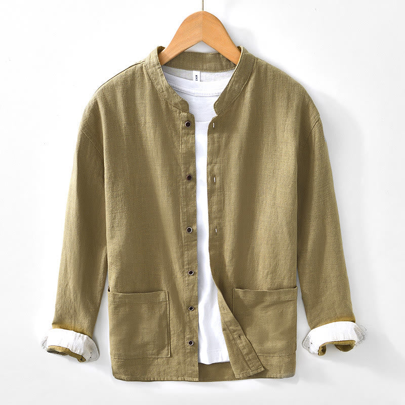 Buddha Stones秋冬 無地 長袖 ボタン メンズ ラミー コットン シャツ ポケット付き - カーキ - US/UK/AU42、 EU52 (3XL) - image 24