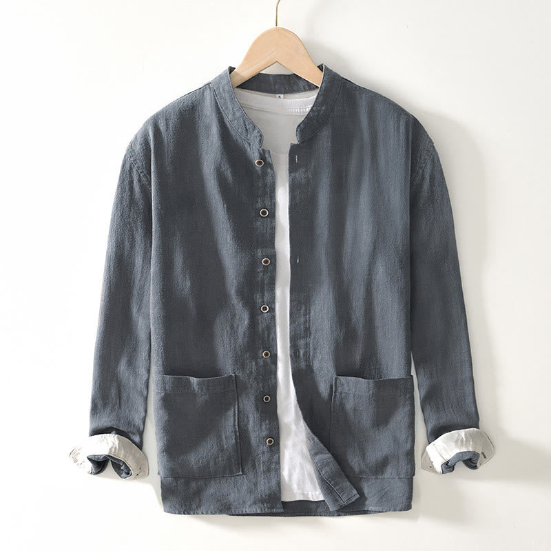 Buddha Stones秋冬 無地 長袖 ボタン メンズ ラミー コットン シャツ ポケット付き - ダークグレー - US/UK/AU42、 EU52 (3XL) - image 17