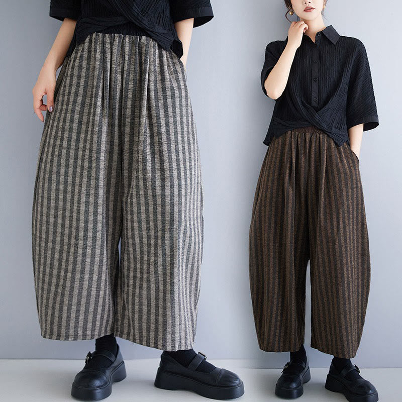 Buddha Stonesカジュアル 7-8丈 コーデュロイ ストライプ レディース ポリエステル ワイドレッグパンツ ポケット付き - image 0