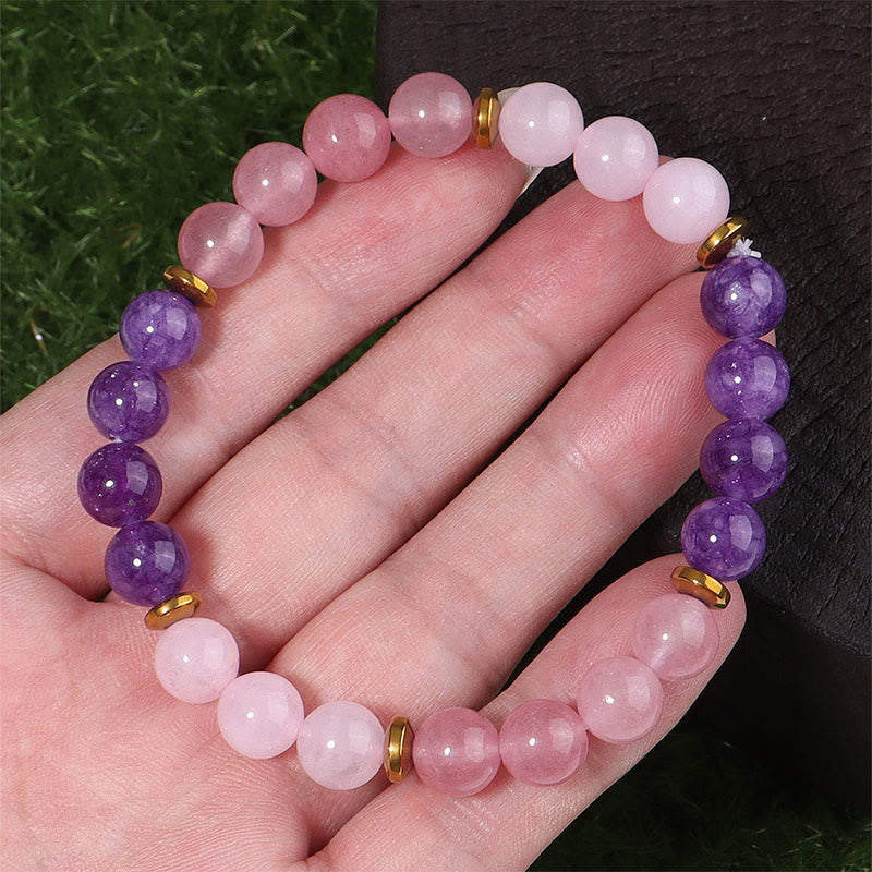 Buddha Stonesアメジスト ストロベリークォーツ ピンククリスタルビーズ 愛と平和のブレスレット - image 2