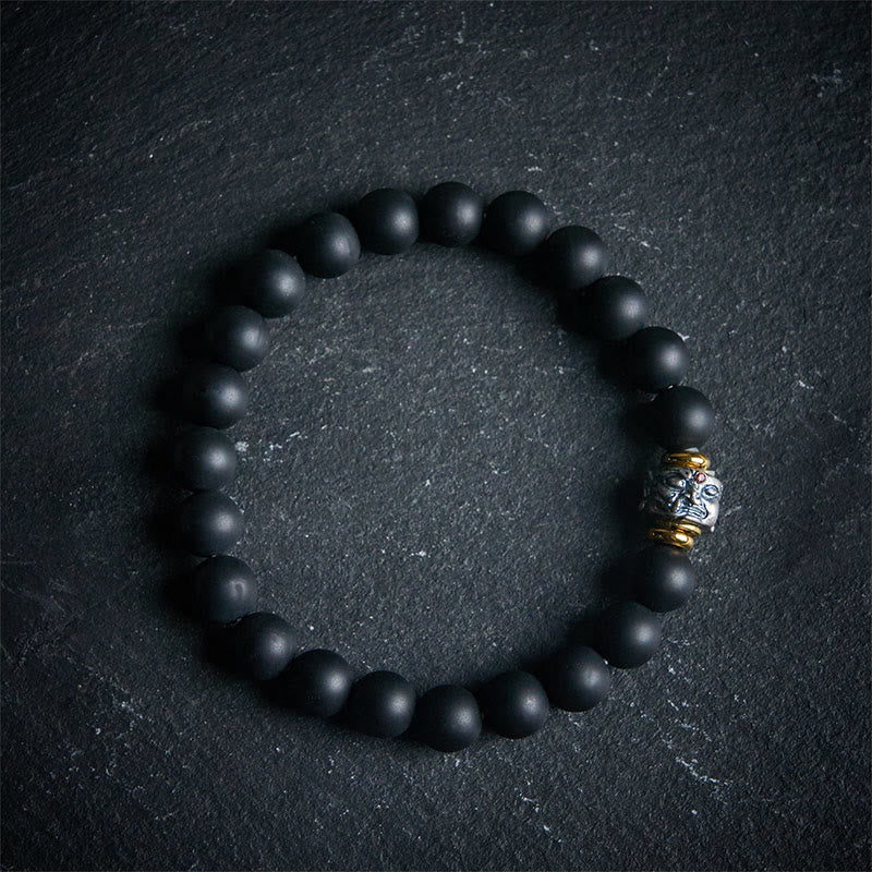 Buddha Stones天然フロストブラックオニキス 仏顔サポートブレスレット - 20cm - image 0
