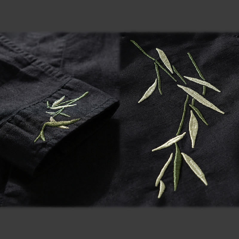 Buddha Stones刺繍の葉柄メンズ長袖コットンリネンシャツ - image 3