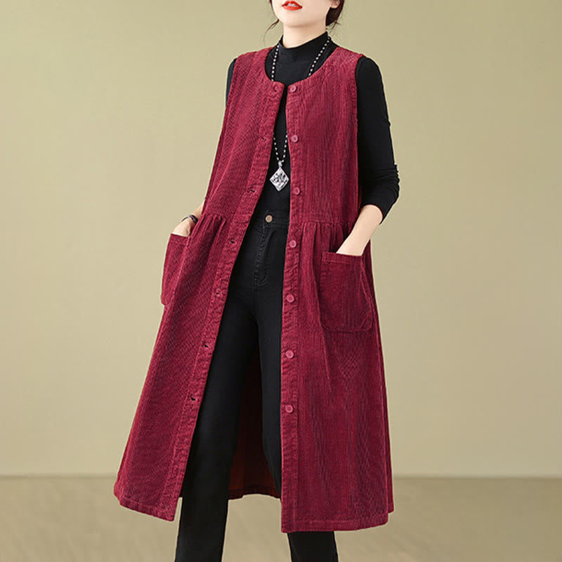 Buddha Stonesの秋のレトロなボタンデザインコットンコーデュロイノースリーブミディドレス（ポケット付き） - image 23