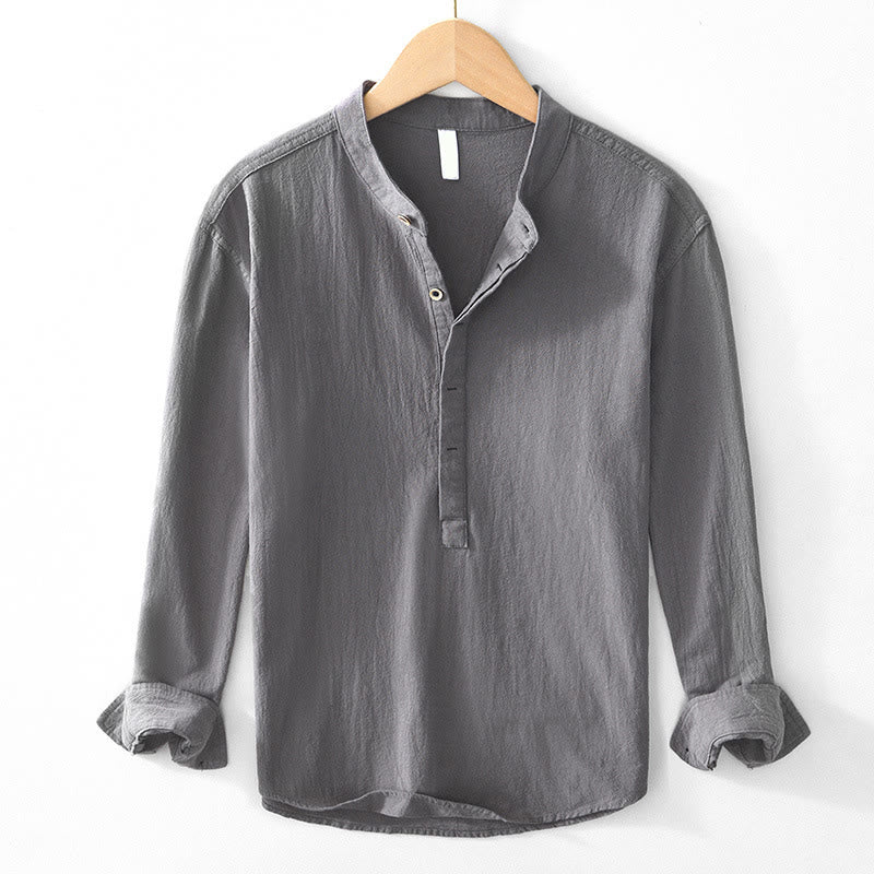 Buddha Stones春秋 無地 長袖 ハーフボタン コットン メンズシャツ - グレー - US/UK/AU44、 EU54 (4XL) - image 0