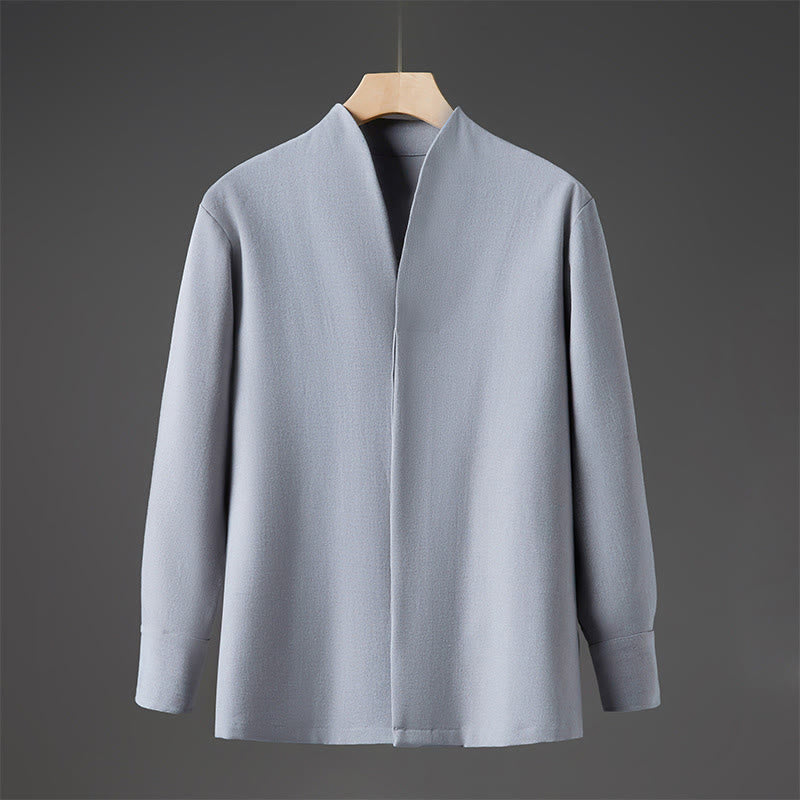 Buddha Stones無地 秋 長袖 隠しハーフボタンデザイン メンズシャツ - 水色 - US/UK/AU46、 EU56 (5XL) - image 13
