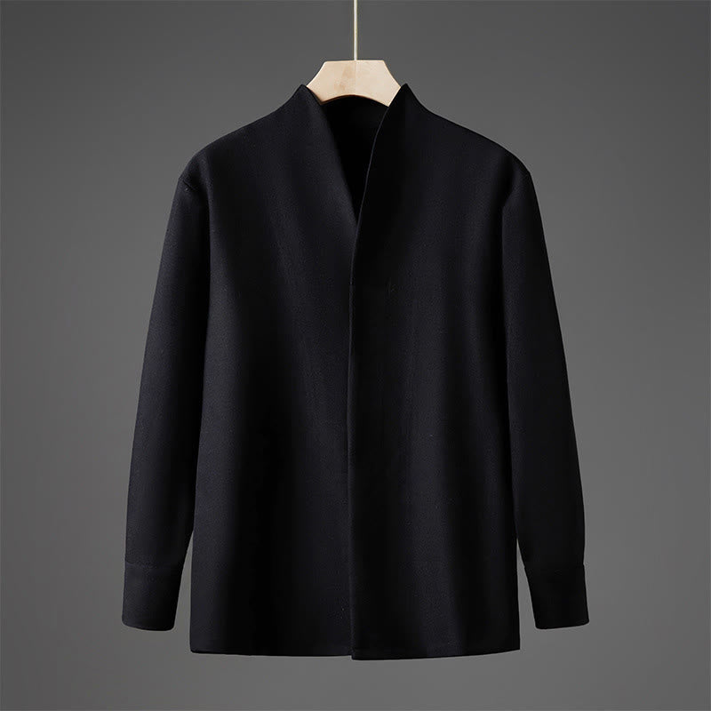 Buddha Stones無地 秋 長袖 隠しハーフボタンデザイン メンズシャツ - 黒 - US/UK/AU46、 EU56 (5XL) - image 8