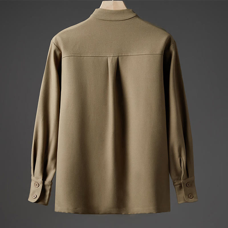 Buddha Stones無地 秋 長袖 隠しハーフボタンデザイン メンズシャツ - image 11