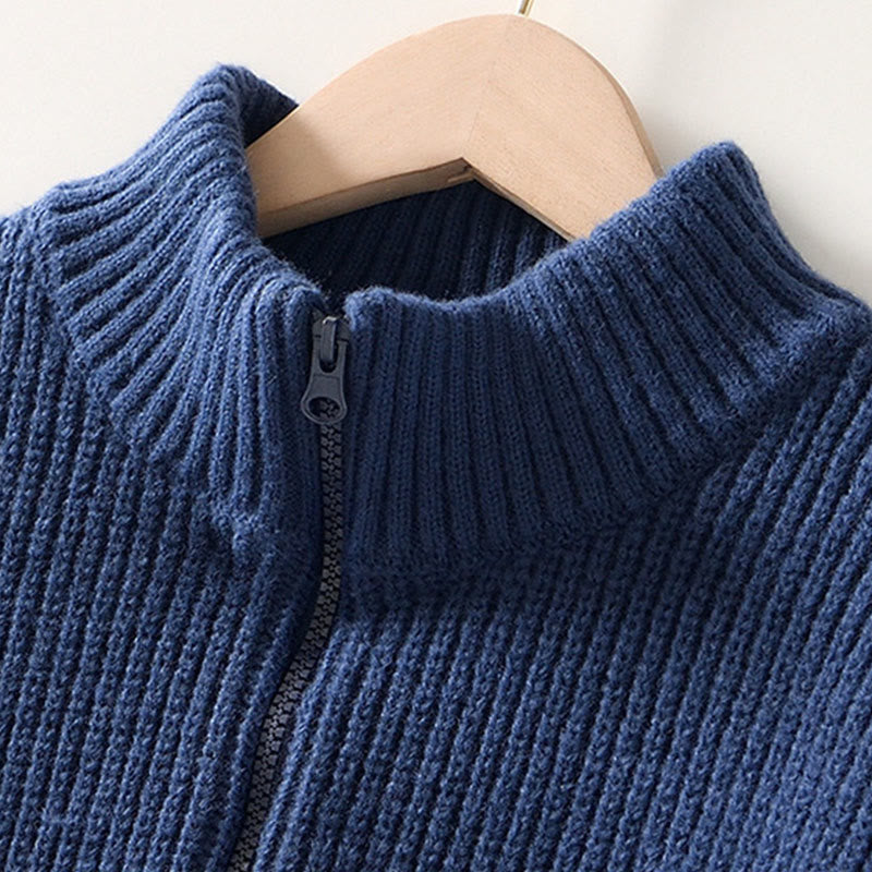 Buddha Stones冬用 無地 ジッパー ニット カーディガン メンズ 長袖 コットン ジャケット ポケット付き - image 1