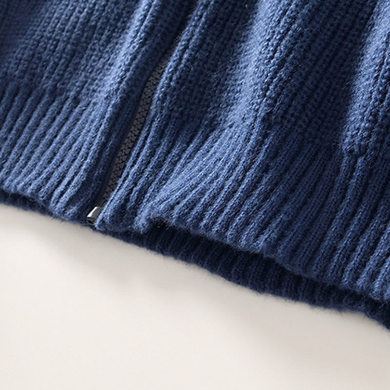 Buddha Stones冬用 無地 ジッパー ニット カーディガン メンズ 長袖 コットン ジャケット ポケット付き - image 4