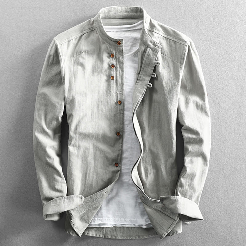 Buddha Stonesメンズ スリムフィットデザイン スタンドカラー クルーネック 長袖 コットンリネンシャツ - ホワイトスモーク - US/UK/AU50、 EU60 (7XL) - image 12