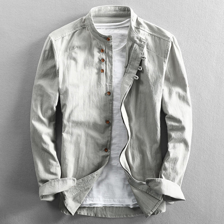 Buddha Stonesメンズ スリムフィットデザイン スタンドカラー クルーネック 長袖 コットンリネンシャツ - ホワイトスモーク - US/UK/AU50、 EU60 (7XL) - image 12