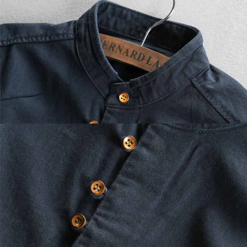 Buddha Stonesメンズ スリムフィットデザイン スタンドカラー クルーネック 長袖 コットンリネンシャツ - image 1