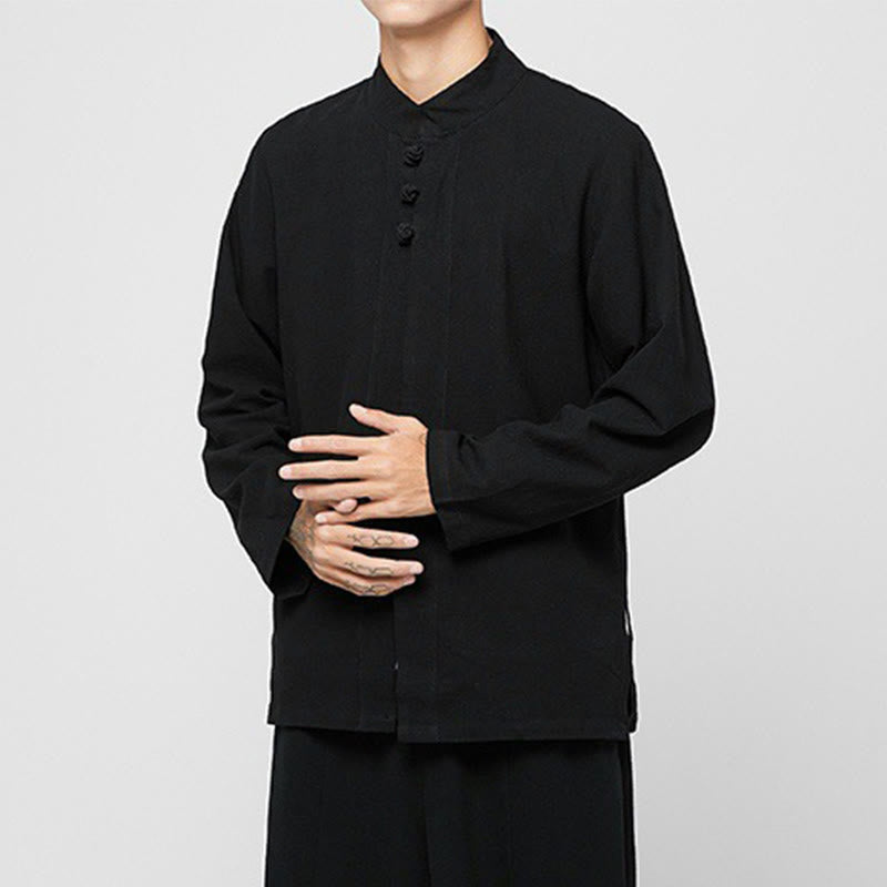 Buddha Stones中国風 カエルボタン サイドスリット メンズ 長袖 コットン 唐装シャツ - image 10